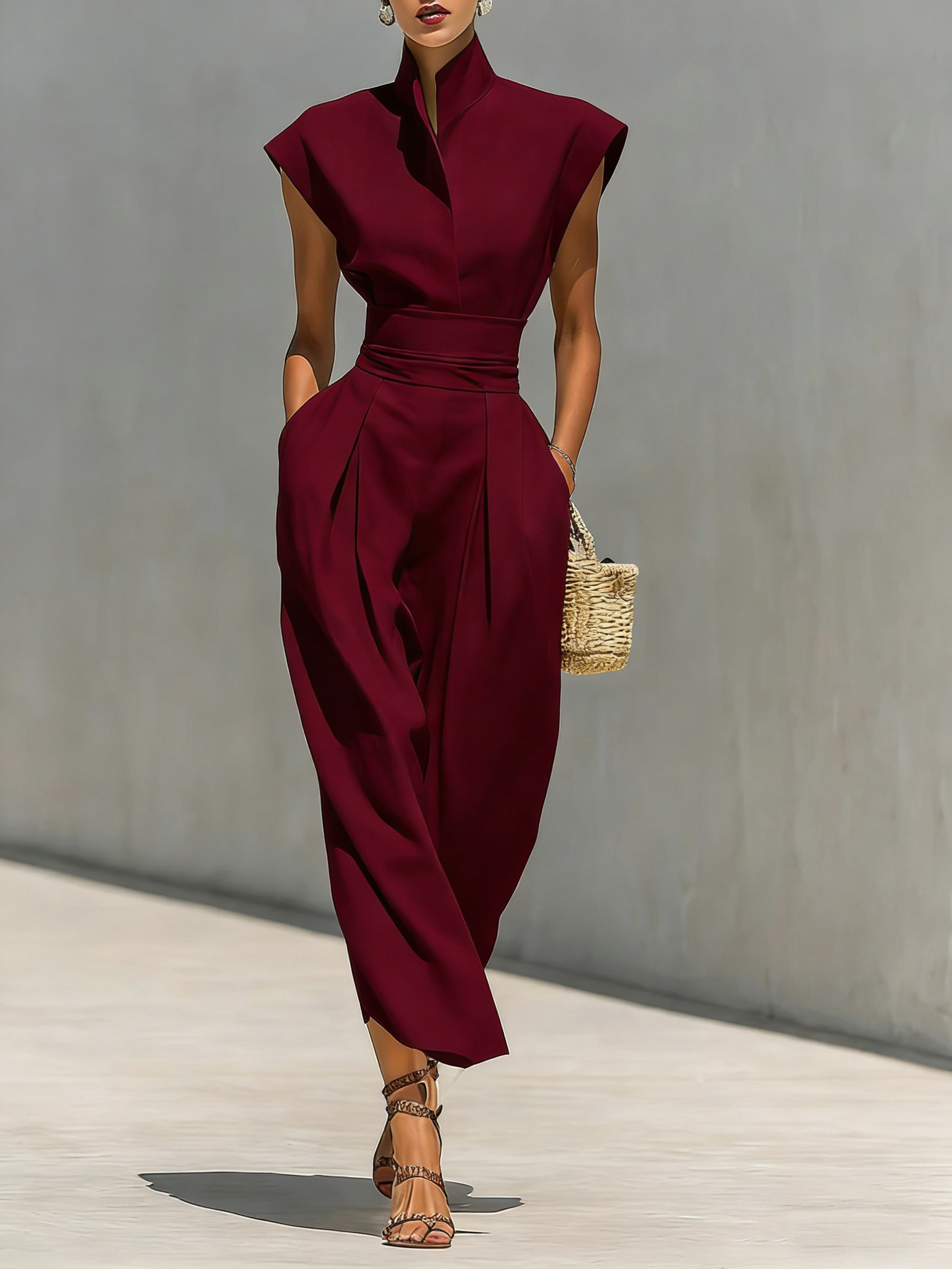 Women's Pure Cotton Lapel Cap Sleeves Waist Maxi Dress 